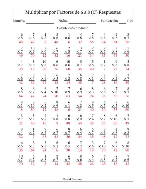 La hoja de ejercicios de Multiplicar (Factores de 1 a 10) por Factores de 6 a 8 (100 Preguntas) (C) Página 2