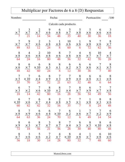 La hoja de ejercicios de Multiplicar (Factores de 1 a 10) por Factores de 6 a 8 (100 Preguntas) (D) Página 2