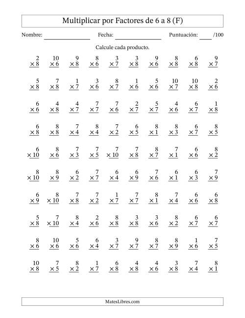 La hoja de ejercicios de Multiplicar (Factores de 1 a 10) por Factores de 6 a 8 (100 Preguntas) (F)
