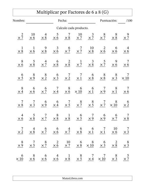 La hoja de ejercicios de Multiplicar (Factores de 1 a 10) por Factores de 6 a 8 (100 Preguntas) (G)