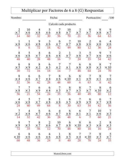La hoja de ejercicios de Multiplicar (Factores de 1 a 10) por Factores de 6 a 8 (100 Preguntas) (G) Página 2
