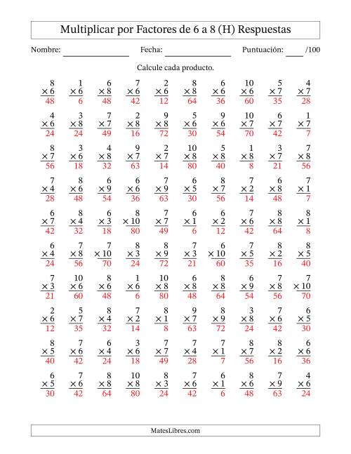 La hoja de ejercicios de Multiplicar (Factores de 1 a 10) por Factores de 6 a 8 (100 Preguntas) (H) Página 2
