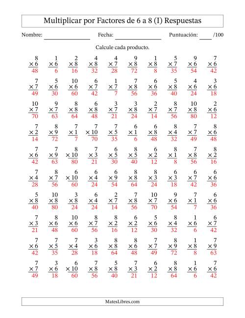 La hoja de ejercicios de Multiplicar (Factores de 1 a 10) por Factores de 6 a 8 (100 Preguntas) (I) Página 2