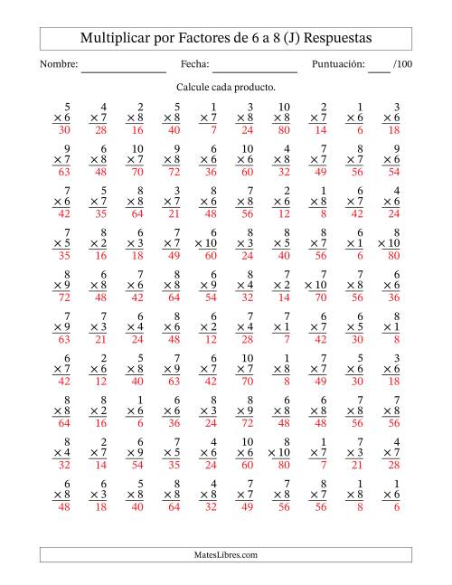 La hoja de ejercicios de Multiplicar (Factores de 1 a 10) por Factores de 6 a 8 (100 Preguntas) (J) Página 2