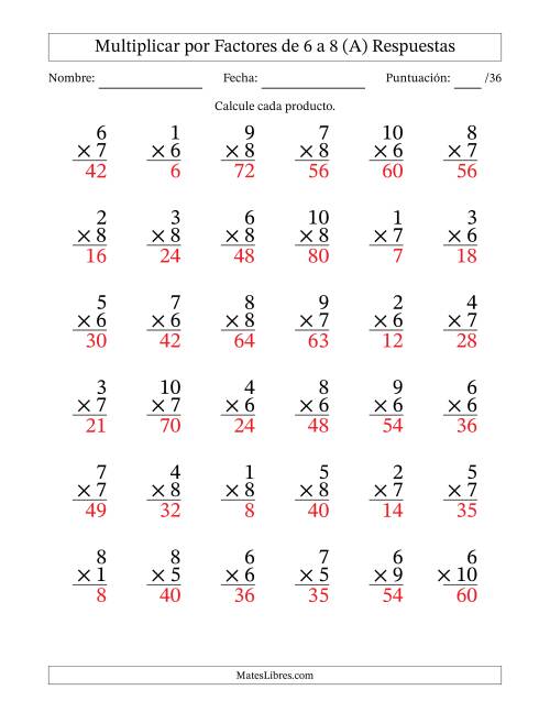 La hoja de ejercicios de Multiplicar (Factores de 1 a 10) por Factores de 6 a 8 (36 Preguntas) (A) Página 2