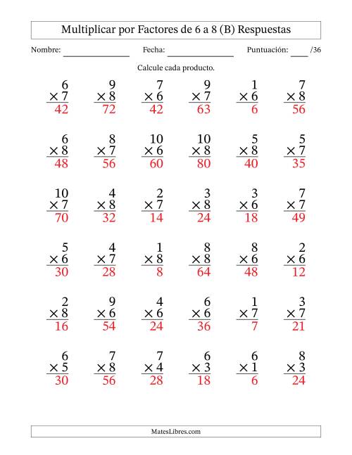 La hoja de ejercicios de Multiplicar (Factores de 1 a 10) por Factores de 6 a 8 (36 Preguntas) (B) Página 2