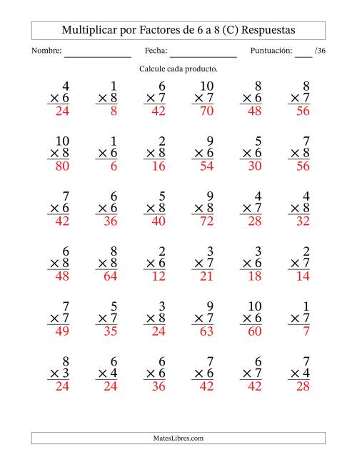 La hoja de ejercicios de Multiplicar (Factores de 1 a 10) por Factores de 6 a 8 (36 Preguntas) (C) Página 2