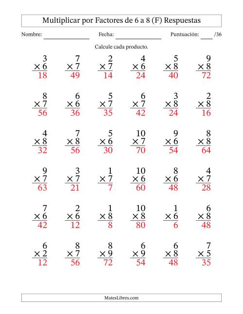 La hoja de ejercicios de Multiplicar (Factores de 1 a 10) por Factores de 6 a 8 (36 Preguntas) (F) Página 2