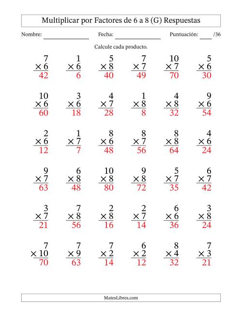La hoja de ejercicios de Multiplicar (Factores de 1 a 10) por Factores de 6 a 8 (36 Preguntas) (G) Página 2