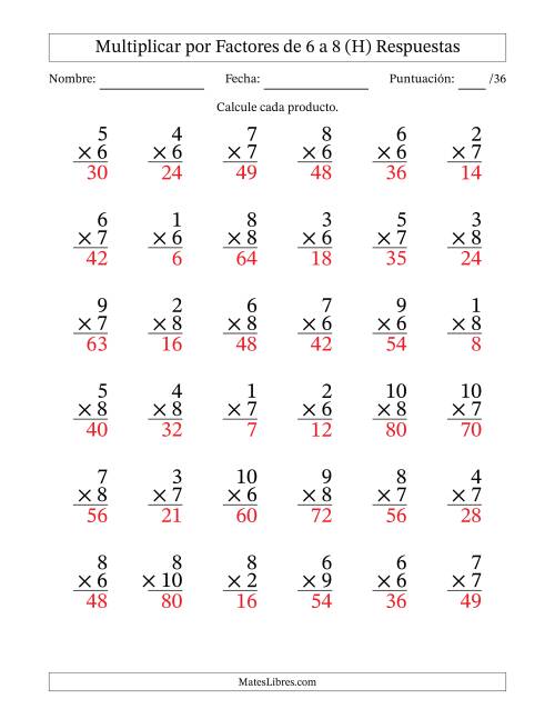 La hoja de ejercicios de Multiplicar (Factores de 1 a 10) por Factores de 6 a 8 (36 Preguntas) (H) Página 2