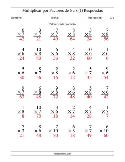 La hoja de ejercicios de Multiplicar (Factores de 1 a 10) por Factores de 6 a 8 (36 Preguntas) (I) Página 2