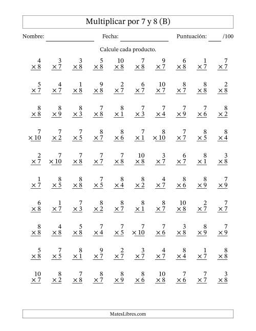 La hoja de ejercicios de Multiplicar (Factores de 1 a 10) por 7 y 8 (100 Preguntas) (B)