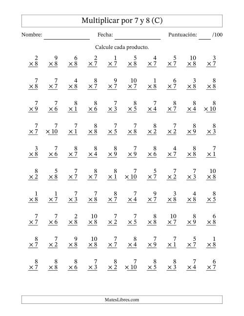 La hoja de ejercicios de Multiplicar (Factores de 1 a 10) por 7 y 8 (100 Preguntas) (C)