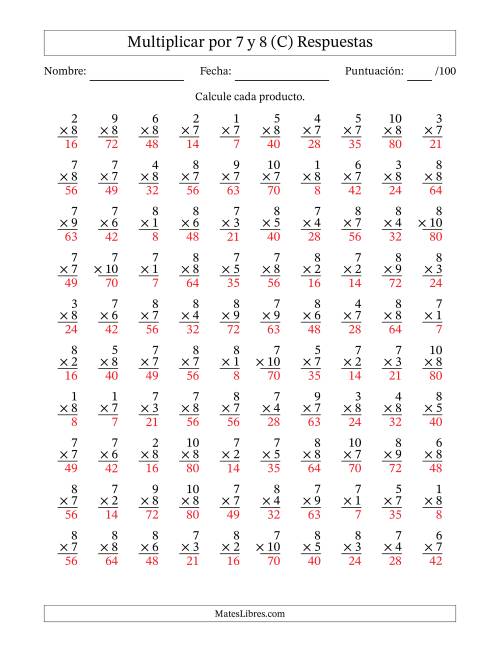 La hoja de ejercicios de Multiplicar (Factores de 1 a 10) por 7 y 8 (100 Preguntas) (C) Página 2