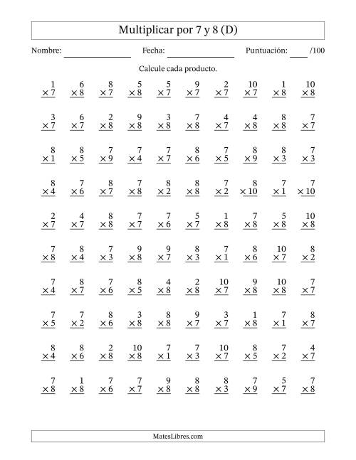 La hoja de ejercicios de Multiplicar (Factores de 1 a 10) por 7 y 8 (100 Preguntas) (D)