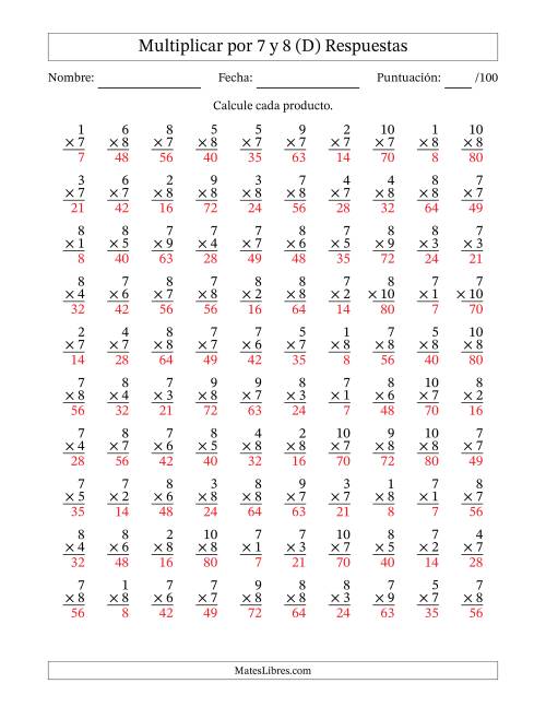 La hoja de ejercicios de Multiplicar (Factores de 1 a 10) por 7 y 8 (100 Preguntas) (D) Página 2