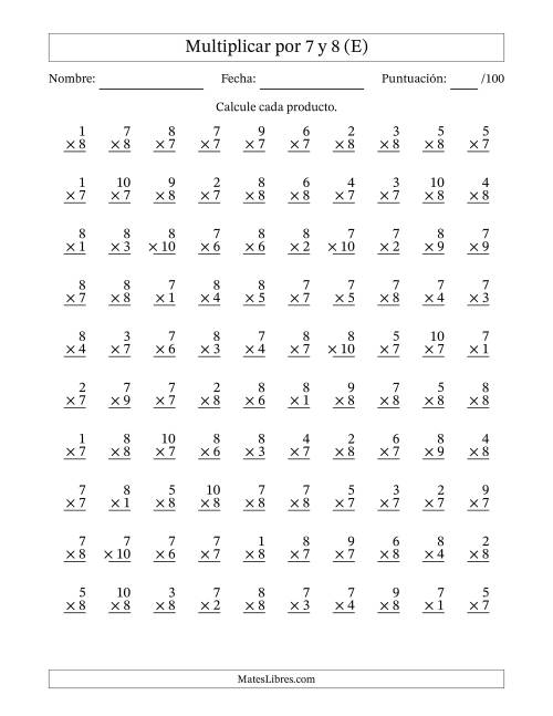 La hoja de ejercicios de Multiplicar (Factores de 1 a 10) por 7 y 8 (100 Preguntas) (E)