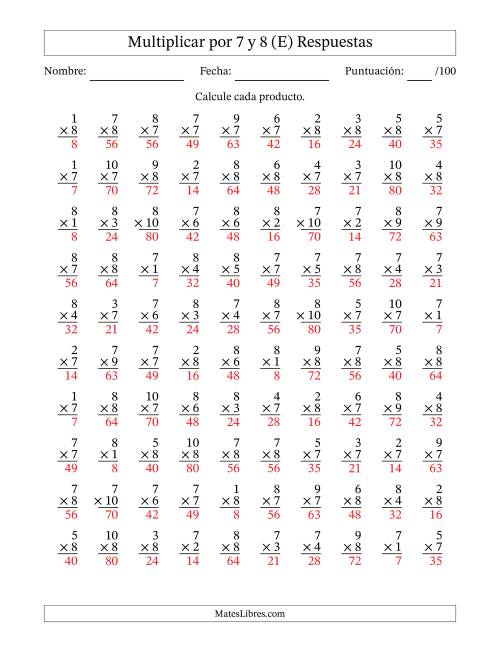 La hoja de ejercicios de Multiplicar (Factores de 1 a 10) por 7 y 8 (100 Preguntas) (E) Página 2