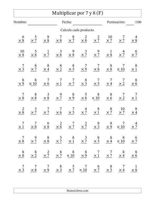 La hoja de ejercicios de Multiplicar (Factores de 1 a 10) por 7 y 8 (100 Preguntas) (F)
