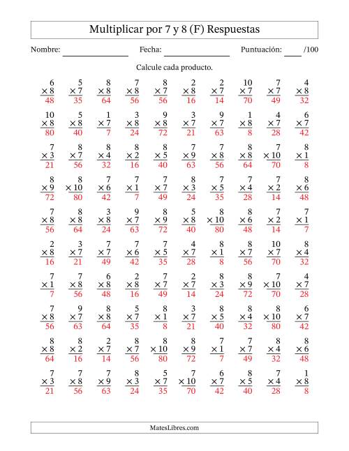 La hoja de ejercicios de Multiplicar (Factores de 1 a 10) por 7 y 8 (100 Preguntas) (F) Página 2