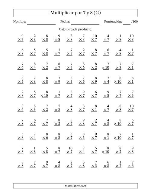 La hoja de ejercicios de Multiplicar (Factores de 1 a 10) por 7 y 8 (100 Preguntas) (G)