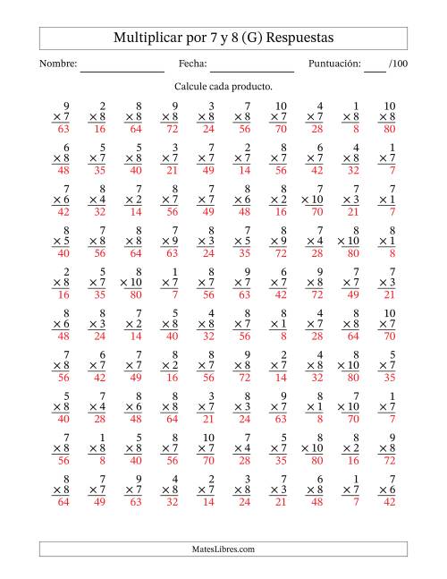 La hoja de ejercicios de Multiplicar (Factores de 1 a 10) por 7 y 8 (100 Preguntas) (G) Página 2