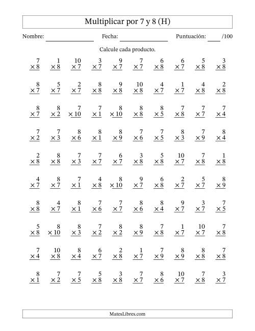La hoja de ejercicios de Multiplicar (Factores de 1 a 10) por 7 y 8 (100 Preguntas) (H)