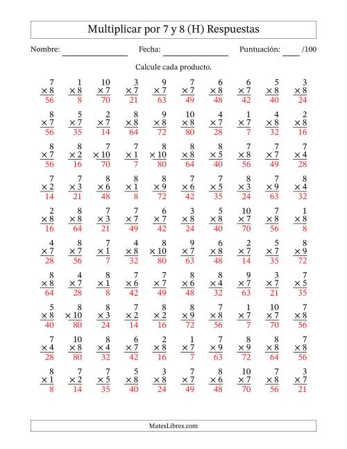 La hoja de ejercicios de Multiplicar (Factores de 1 a 10) por 7 y 8 (100 Preguntas) (H) Página 2