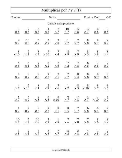 La hoja de ejercicios de Multiplicar (Factores de 1 a 10) por 7 y 8 (100 Preguntas) (I)