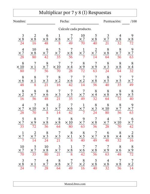 La hoja de ejercicios de Multiplicar (Factores de 1 a 10) por 7 y 8 (100 Preguntas) (I) Página 2