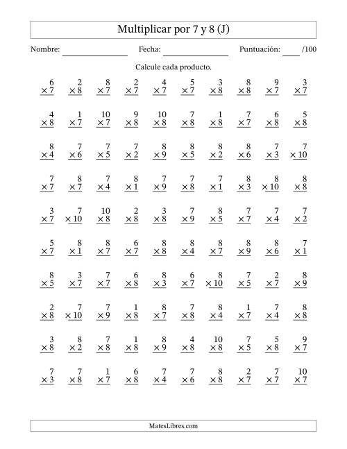 La hoja de ejercicios de Multiplicar (Factores de 1 a 10) por 7 y 8 (100 Preguntas) (J)