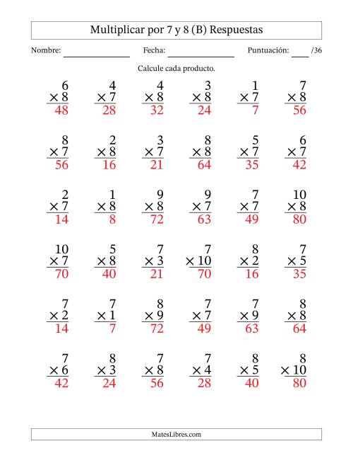 La hoja de ejercicios de Multiplicar (Factores de 1 a 10) por 7 y 8 (36 Preguntas) (B) Página 2