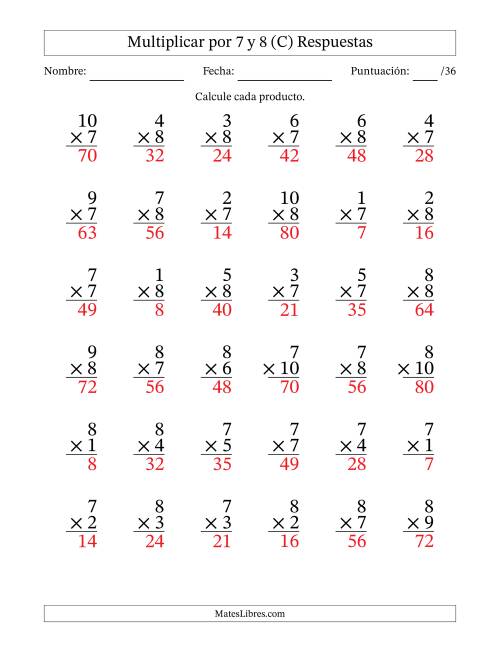 La hoja de ejercicios de Multiplicar (Factores de 1 a 10) por 7 y 8 (36 Preguntas) (C) Página 2