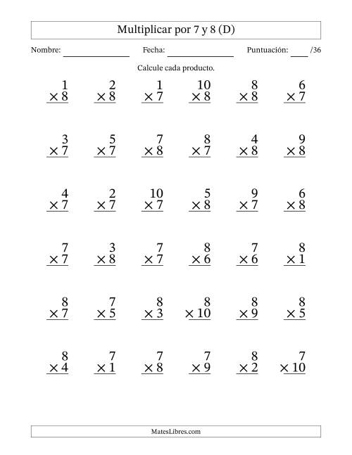 La hoja de ejercicios de Multiplicar (Factores de 1 a 10) por 7 y 8 (36 Preguntas) (D)