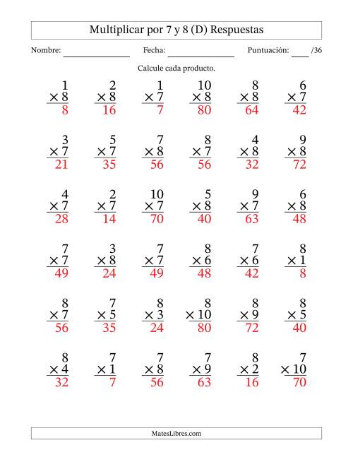 La hoja de ejercicios de Multiplicar (Factores de 1 a 10) por 7 y 8 (36 Preguntas) (D) Página 2