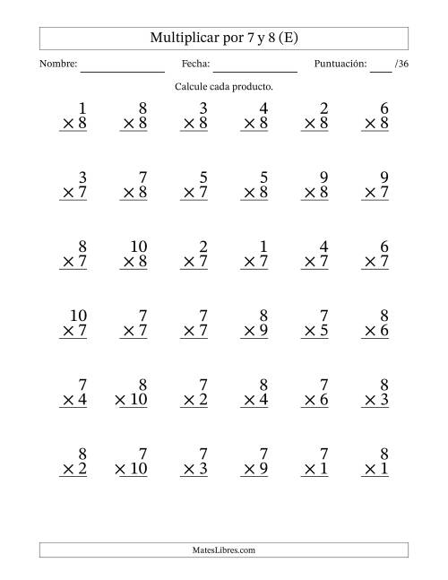La hoja de ejercicios de Multiplicar (Factores de 1 a 10) por 7 y 8 (36 Preguntas) (E)