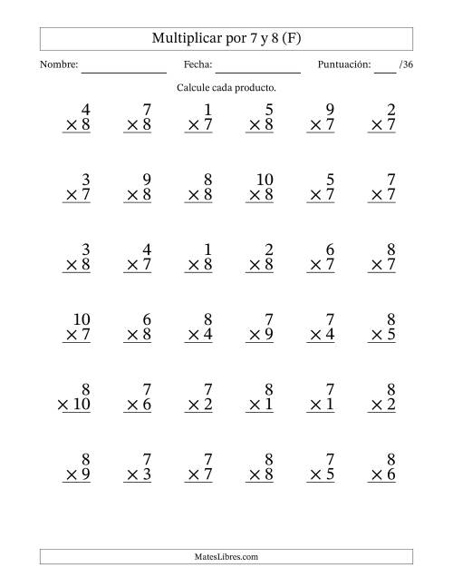 La hoja de ejercicios de Multiplicar (Factores de 1 a 10) por 7 y 8 (36 Preguntas) (F)