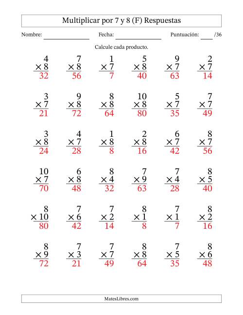 La hoja de ejercicios de Multiplicar (Factores de 1 a 10) por 7 y 8 (36 Preguntas) (F) Página 2