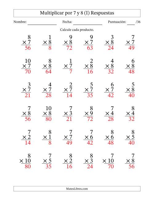 La hoja de ejercicios de Multiplicar (Factores de 1 a 10) por 7 y 8 (36 Preguntas) (I) Página 2