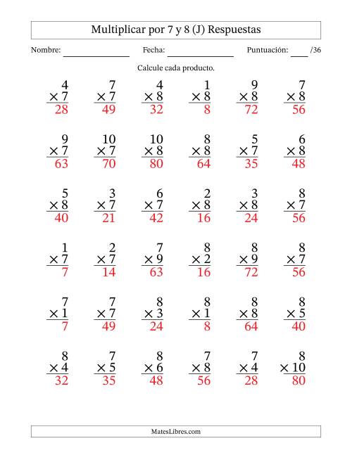 La hoja de ejercicios de Multiplicar (Factores de 1 a 10) por 7 y 8 (36 Preguntas) (J) Página 2