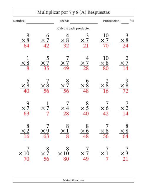 La hoja de ejercicios de Multiplicar (Factores de 1 a 10) por 7 y 8 (36 Preguntas) (Todas) Página 2