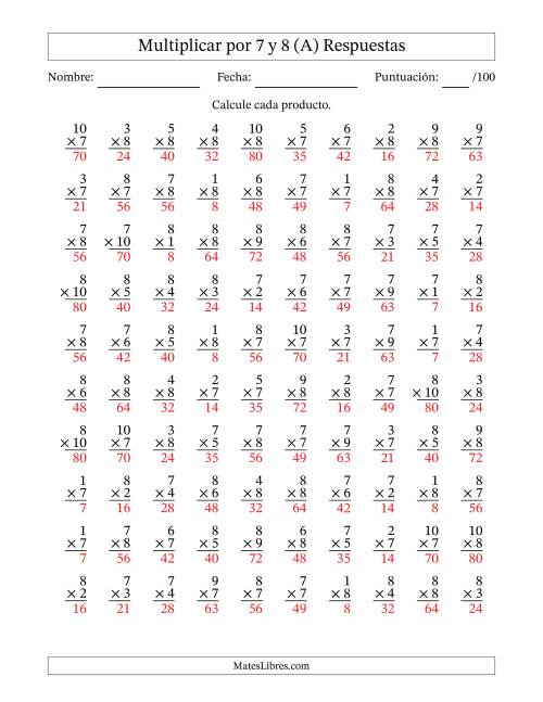 La hoja de ejercicios de Multiplicar (Factores de 1 a 10) por 7 y 8 (100 Preguntas) (Todas) Página 2