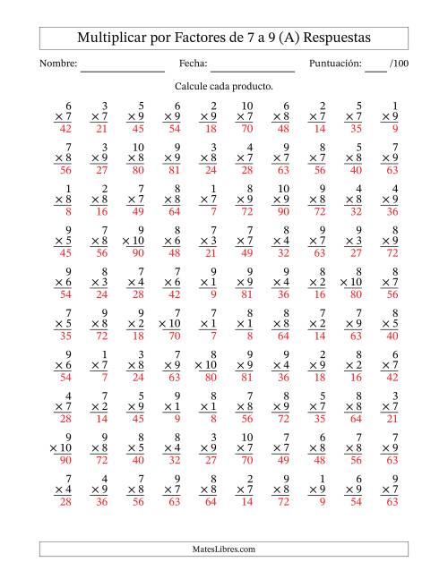La hoja de ejercicios de Multiplicar (Factores de 1 a 10) por Factores de 7 a 9 (100 Preguntas) (A) Página 2