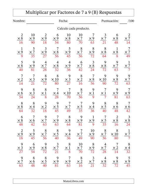 La hoja de ejercicios de Multiplicar (Factores de 1 a 10) por Factores de 7 a 9 (100 Preguntas) (B) Página 2