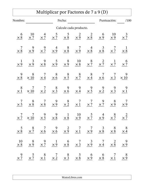 La hoja de ejercicios de Multiplicar (Factores de 1 a 10) por Factores de 7 a 9 (100 Preguntas) (D)