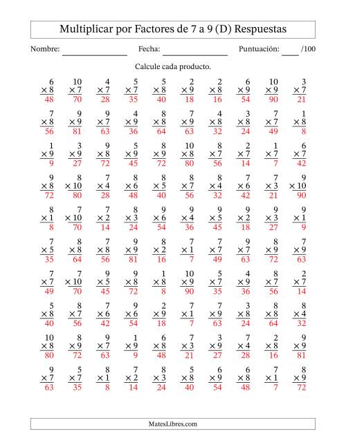 La hoja de ejercicios de Multiplicar (Factores de 1 a 10) por Factores de 7 a 9 (100 Preguntas) (D) Página 2