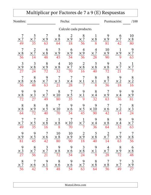 La hoja de ejercicios de Multiplicar (Factores de 1 a 10) por Factores de 7 a 9 (100 Preguntas) (E) Página 2