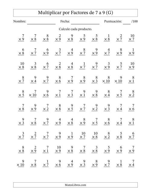 La hoja de ejercicios de Multiplicar (Factores de 1 a 10) por Factores de 7 a 9 (100 Preguntas) (G)