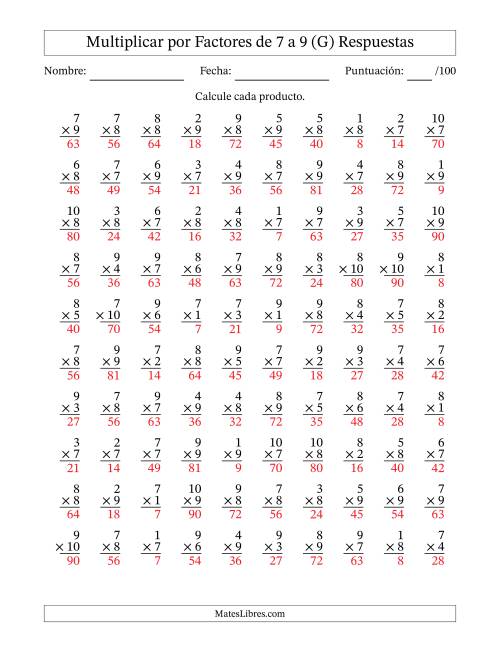 La hoja de ejercicios de Multiplicar (Factores de 1 a 10) por Factores de 7 a 9 (100 Preguntas) (G) Página 2