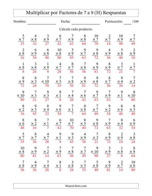 La hoja de ejercicios de Multiplicar (Factores de 1 a 10) por Factores de 7 a 9 (100 Preguntas) (H) Página 2